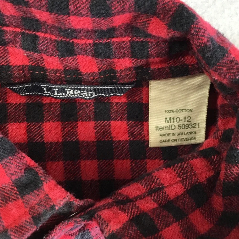 LL Bean Boys Red Black Buffalo Plaid Flannel Snap Shirt M 10-12 509321